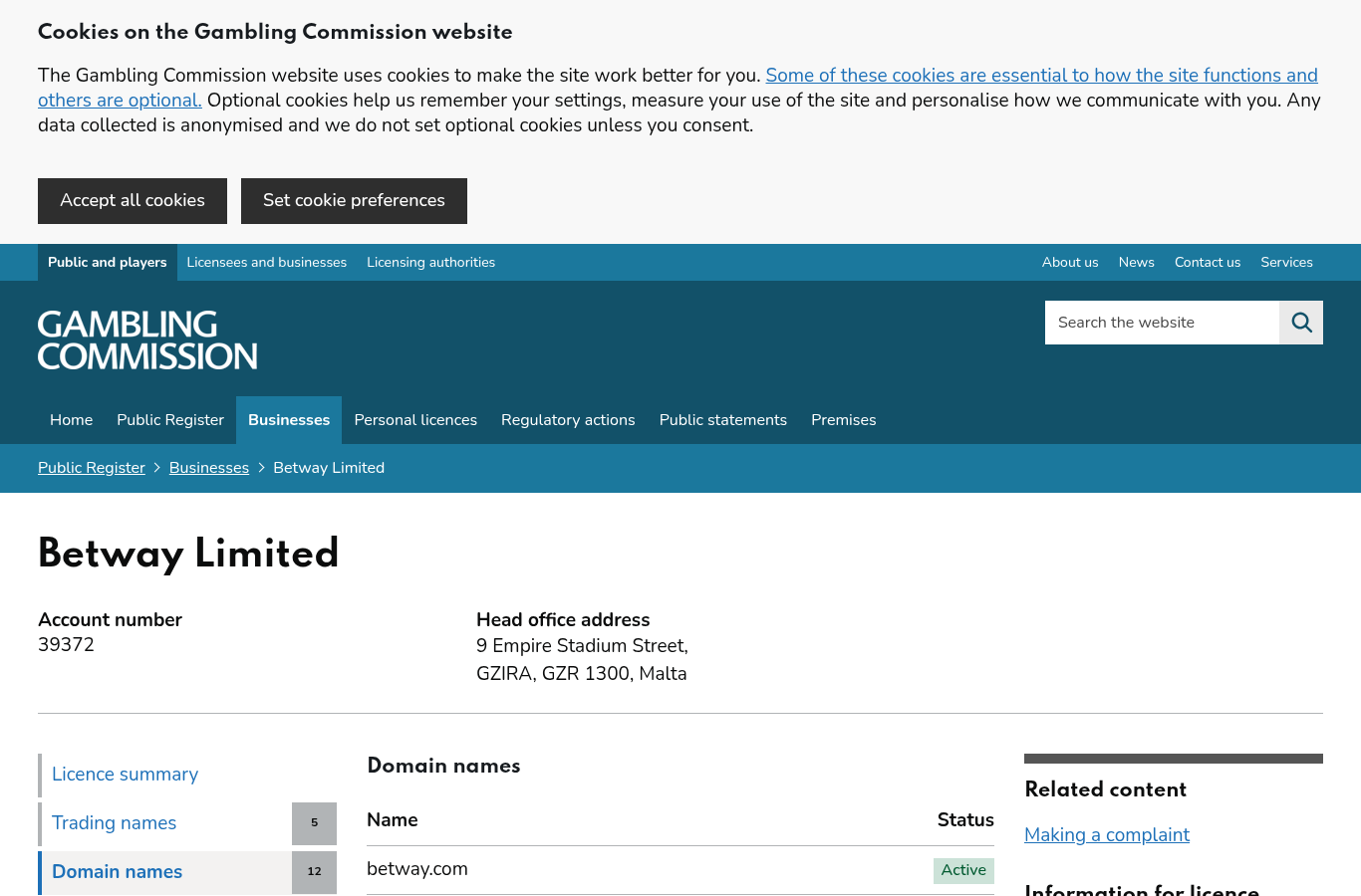 UK Gambling Commission: Betway